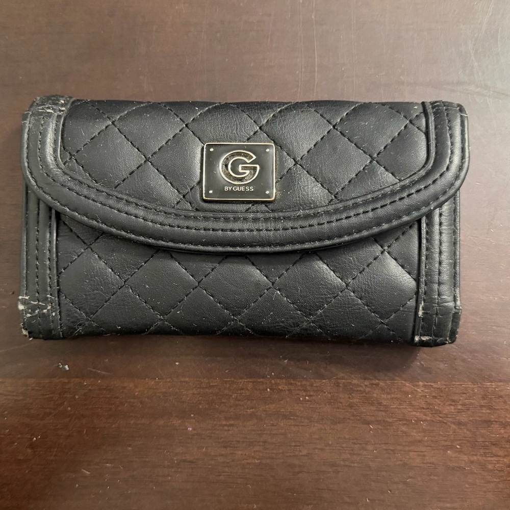 Guess Black Quilted Logo Continental Wallet Zip Coin Pocket